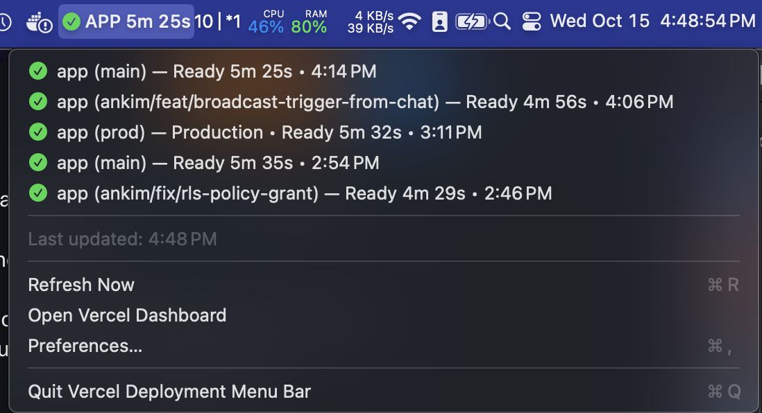 Vercel deployment status in macOS menu bar showing build, ready, and error states